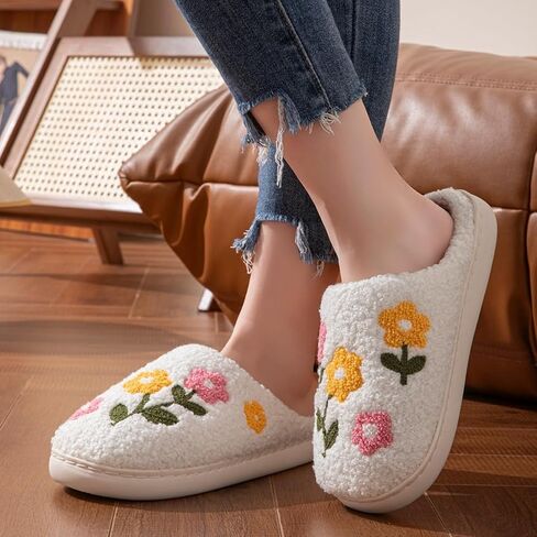 Women's Floral House Slippers Plush Memory Foam Indoor with Non-Slip Sole Camellia Daisy Fall Slippers in Saudi Arabia