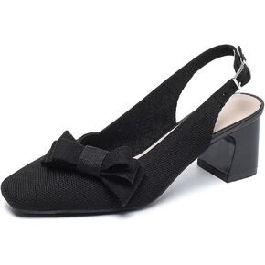 Women's Knitted Bow Slingback Chunky Heel Pumps Square Closed Toe Block Heel Elastic Band Dress High Heels Fashion Walking Work Shoes in Kuwait