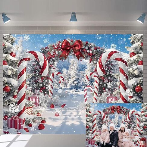 Merry Christmas Candy Cane Backdrop for Photography Winter Snow Scenery Christmas Tree Photo Background Xmas Holiday New Year Eve Family Party Decoration Banner Supplies (82x59 inch (7x5FT)) in Saudi Arabia