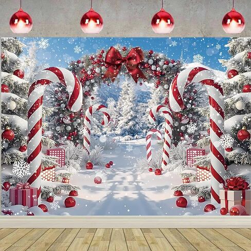 Merry Christmas Candy Cane Backdrop for Photography Winter Snow Scenery Christmas Tree Photo Background Xmas Holiday New Year Eve Family Party Decoration Banner Supplies (82x59 inch (7x5FT)) in Saudi Arabia