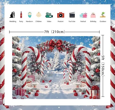 Merry Christmas Candy Cane Backdrop for Photography Winter Snow Scenery Christmas Tree Photo Background Xmas Holiday New Year Eve Family Party Decoration Banner Supplies (82x59 inch (7x5FT)) in Saudi Arabia