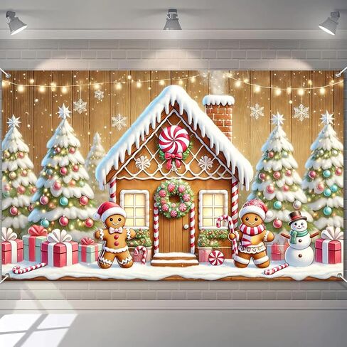 Christmas Banner Gingerbread House Scene with Candy Canes Gift Boxes Snowman and Trees Christmas Banner 71x43 Inch Holiday Candy House Backdrop for Xmas Wall Party Indoor Outdoor Yard Decor in Saudi Arabia
