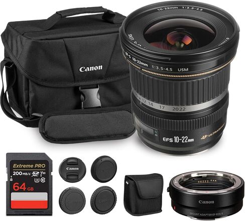 Canon EF-S 10-22mm f/3.5-4.5 USM Lens | Ultra-Wide Angle Zoom with Fast Autofocus & Advanced Optics | for Architecture, Travel & Landscape Photography (9518A002) + Adapter EF-EOS R + Bag + 64GB Card in Saudi Arabia