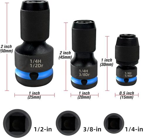 مجموعة محولات لقمة محرك الصدمات من Gerywolf 3 قطع، 1/2، 3/8، و1/4 بوصة محرك أنثى إلى محولات مقبس سداسية 1/4 بوصة، محول مفتاح ربط الصدمات لمحركات مفتاح السقاطة، ظرف لقمة التأثير، ظرف سريع التغيير in Kuwait