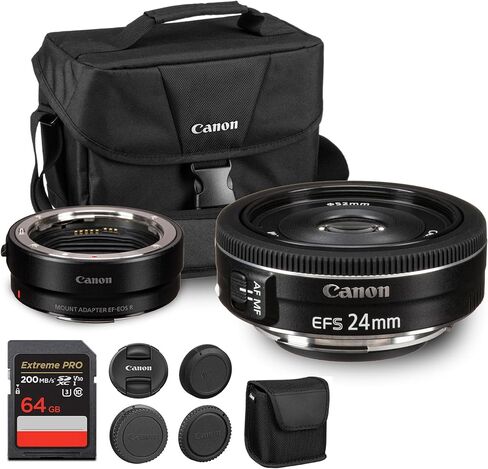 عدسة كانون EF-S 24 ملم f/2.8 STM | برايم صغير الحجم ذو زاوية واسعة مع فتحة f/2.8 ساطعة وتركيز تلقائي سلس | للتصوير الفوتوغرافي أثناء السفر والشوارع واليومي (9522B002) + محول EF-EOS R + حقيبة + بطاقة سعة 64 جيجابايت in Kuwait