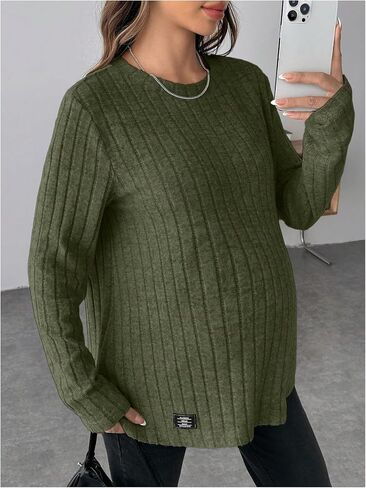 Women's Maternity Clothes Ribbed Knit T Shirts Long Sleeve Crew Neck T-Shirts in Saudi Arabia