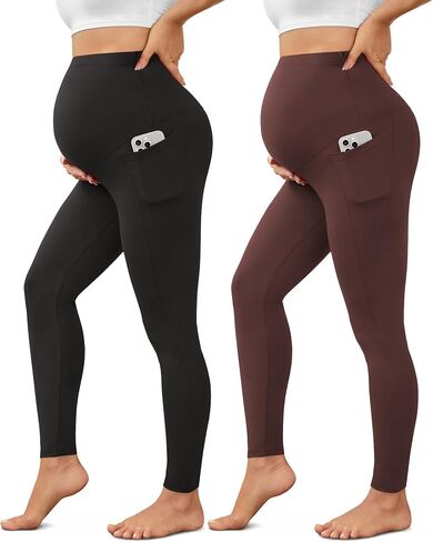 Women's 2 Pack Maternity Leggings with Pockets Over The Belly Maternity Yoga Pants Workout Pregnancy Leggings in Saudi Arabia