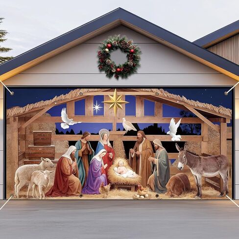 16x7ft Christmas Garage Door Banner Nativity Garage Door Covers Large Holy Nativity Stable Scene Christmas Backdrop Decorations for Winter Church Xmas Eve Holiday Outdoor Wall Decor(Religious) in Saudi Arabia