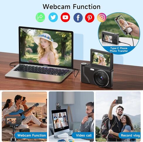 كاميرا رقمية بدقة 4K بدقة 64 ميجابكسل مع شاشة قابلة للطي مقاس 3 بوصات بزاوية 180 درجة، أحدث كاميرا تصوير فوتوغرافي لمدونات الفيديو ذات التركيز التلقائي لعام 2025 لليوتيوب، وكاميرات سفر مدمجة بتكبير رقمي 18X مع بطاقة SD سعة 64 جيجابايت للمبتدئين (أسود) in Kuwait