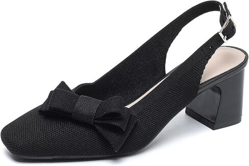 المرأة محبوك القوس Slingback صندل كعب مكتنز مضخات مربع مغلق تو كتلة كعب شريط مرن فستان عالية الكعب موضة المشي أحذية عمل in Kuwait