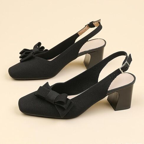 المرأة محبوك القوس Slingback صندل كعب مكتنز مضخات مربع مغلق تو كتلة كعب شريط مرن فستان عالية الكعب موضة المشي أحذية عمل in Kuwait