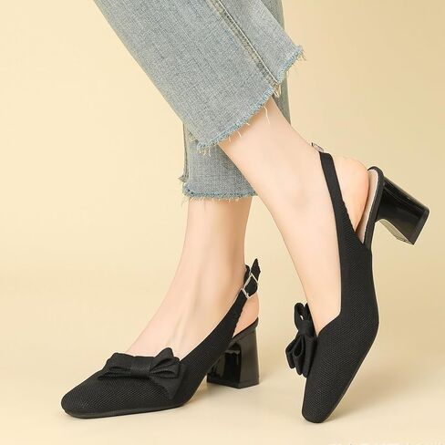 المرأة محبوك القوس Slingback صندل كعب مكتنز مضخات مربع مغلق تو كتلة كعب شريط مرن فستان عالية الكعب موضة المشي أحذية عمل in Kuwait