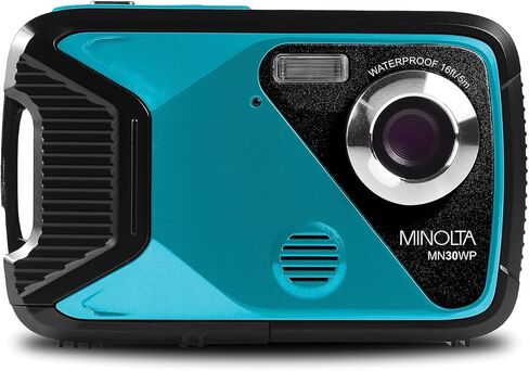 كاميرا مينولتا الرقمية المقاومة للماء - صور 21 ميجابكسل، فيديو عالي الدقة 1080 بكسل، شاشة LCD 2.8 بوصة، تحت الماء حتى 16 قدمًا، تقريب رقمي 4X، مضاد للاهتزاز، اكتشاف الوجه، التقاط الابتسامة، أوضاع المشهد، بطاقة 16 جيجابايت (أزرق مخضر) (متجددة) in Kuwait