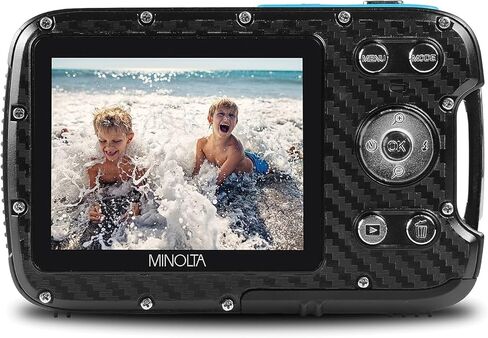 كاميرا مينولتا الرقمية المقاومة للماء - صور 21 ميجابكسل، فيديو عالي الدقة 1080 بكسل، شاشة LCD 2.8 بوصة، تحت الماء حتى 16 قدمًا، تقريب رقمي 4X، مضاد للاهتزاز، اكتشاف الوجه، التقاط الابتسامة، أوضاع المشهد، بطاقة 16 جيجابايت (أزرق مخضر) (متجددة) in Kuwait