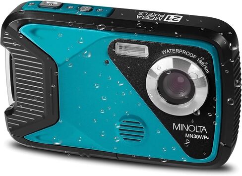 كاميرا مينولتا الرقمية المقاومة للماء - صور 21 ميجابكسل، فيديو عالي الدقة 1080 بكسل، شاشة LCD 2.8 بوصة، تحت الماء حتى 16 قدمًا، تقريب رقمي 4X، مضاد للاهتزاز، اكتشاف الوجه، التقاط الابتسامة، أوضاع المشهد، بطاقة 16 جيجابايت (أزرق مخضر) (متجددة) in Kuwait