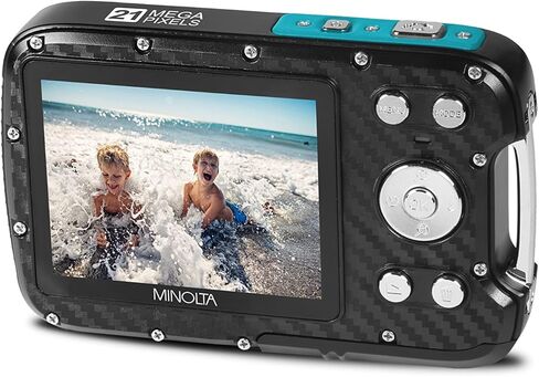 كاميرا مينولتا الرقمية المقاومة للماء - صور 21 ميجابكسل، فيديو عالي الدقة 1080 بكسل، شاشة LCD 2.8 بوصة، تحت الماء حتى 16 قدمًا، تقريب رقمي 4X، مضاد للاهتزاز، اكتشاف الوجه، التقاط الابتسامة، أوضاع المشهد، بطاقة 16 جيجابايت (أزرق مخضر) (متجددة) in Kuwait