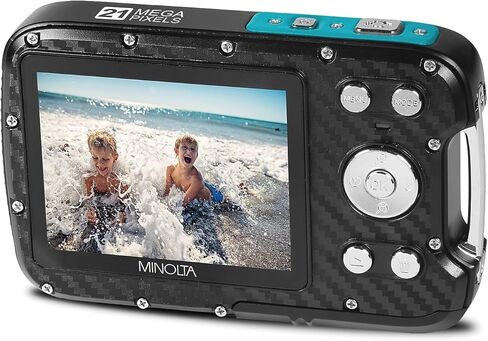 كاميرا مينولتا الرقمية المقاومة للماء - صور 21 ميجابكسل، فيديو عالي الدقة 1080 بكسل، شاشة LCD 2.8 بوصة، تحت الماء حتى 16 قدمًا، تقريب رقمي 4X، مضاد للاهتزاز، اكتشاف الوجه، التقاط الابتسامة، أوضاع المشهد، بطاقة 16 جيجابايت (أزرق مخضر) (متجددة) in Kuwait