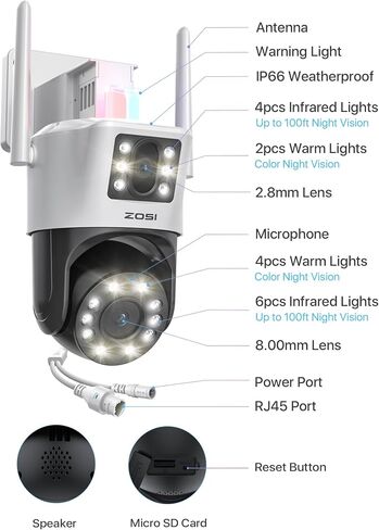 ZOSI 4 x C298 SE 6MP Dual-Lens(4MP+2MP) Wired WiFi Security Camera Outdoor, 360 View Pan/Tilt Plug-in Camera, Human/Vehicle Detect, Color Night Vision, Spotlight Siren, Two-Way Talk, SD/Cloud Storage in Saudi Arabia