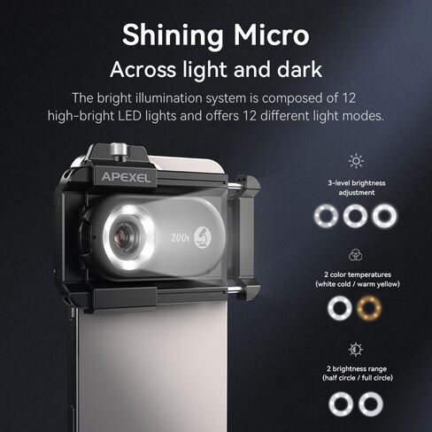 مجموعة عدسات مجهر للهاتف المحمول تكبير 100X/150X/200X مع مصابيح LED وأشعة فوق البنفسجية، فلتر CPL مدمج - عدسة ماكرو بمشبك عالمي لهاتف iPhone 15/14/13/12 وAndroid، مثالية لـ Trichome in Kuwait