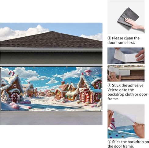 Christmas Garage Door Cover Decorations Banner Christmas Backdrop 16x7ft Polyester Candyland Village Town Backdrop Cartoon Snowhouse Candy Cane Outdoor 2 Car Holiday Garage Door Cover in Saudi Arabia
