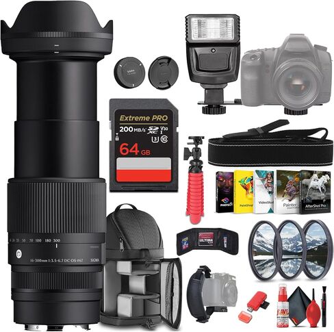 عدسة سيجما 16-300 ملم f/3.5-6.7 DC OS المعاصرة (Canon RF) 887972 تتضمن الحزمة: حقيبة ظهر، فلاش، بطاقة ذاكرة، طقم فلتر، حامل ثلاثي القوائم 12 بوصة، قارئ بطاقات، طقم تنظيف، فرشاة منفاخ، قلم عدسة + المزيد in Saudi Arabia