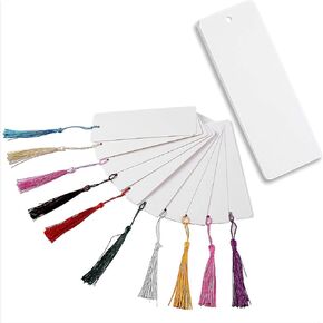 Teemico 96 Pcs Kraft Paper Blank Cardstock Bookmarks for DIY Projects and Gifts Tags, White, 5.9 by 2 inch (48Pcs Bookmarks with 48 Tassels)