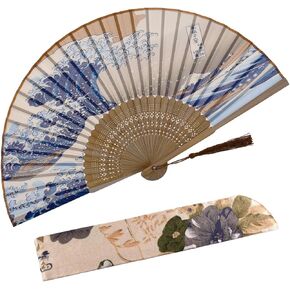 Amajiji Charming Elegant Modern Woman Handmade Bamboo Silk 8.27" (21cm) Folding Pocket Purse Hand Fan (Blue)