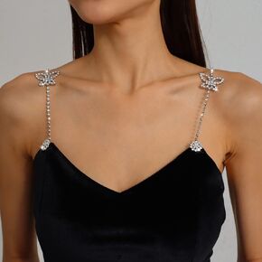 Jumwrit Rhinestone Shoulder Straps Bling Silver Tennis Chain Butterfly Bra Straps Sexy Lingerie Bra Shoulder Straps Adjustable Non-Slip Bra Belt Party Wedding Dress Straps Replacement for Women Girls