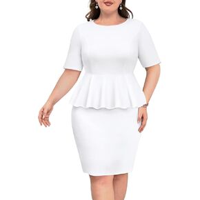 Pinup Fashion Womens Plus Size Peplum Dress 3/4 Sleeve Formal Work Business Knee Length Bodycon Pencil Dresses