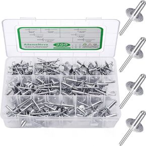 AilemeNova 200PCS Blind Rivets Pop Rivets Assortment Kit, Large flange Aluminum Rivets(1/8" 3/16" 1/4") Assorted Blind Rivets with Case (Black)