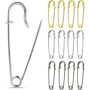 12 Pack Extra Large Safety Pins Blanket Pin Heavy Duty Pin Bulk for Blankets Crafts Kilts Skirts Clothes Leather Canvas Silver Black Gold Metal Safety Pins Assorted Colors Spring Lock Pins Fasteners