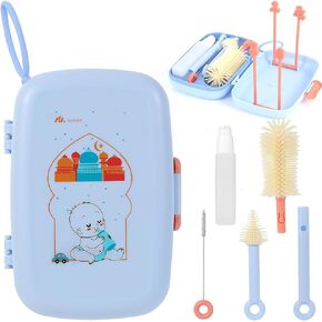 Baby Bottle Brush 7in1 Travel Bottle Cleaner kit with Bottle Brush,Nipple Brush,Straw Cleaner Brush,Soap Dispenser,Bottle Drying Rack,Drainage Tray,Storage Box,Baby Travel Essential (Blue)
