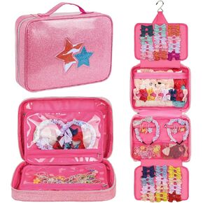 Hair Accessories Organizer, Shiny Bow Holder for Baby Girls, Travel Hair Storage Bag for Hair Clips, Headbands, Scrunchies and Hair Ties(Pink)