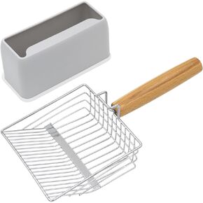 UFECODO Fast Sifting Cat Litter Scoop with Holder Stand, Stainless Steel Poop Scooper with Ergonomic Wood Handle, Heavy Duty and Easy Clean