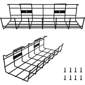 COYACOOL Under Desk Cable Management- 2 Pack Cord Organizer. Metal Wire Cable Management Tray for Office, Studio and Home. Super Sturdy Under Table Cable Management - Black Cable Organizer
