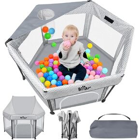 Bear Baby Playpen, Indoor&Outdoor Play Yard for Babies and Toddlers, Kids Activity Centre, Foldable Baby Beach Tent with Soft Mattress, Anti-Skid Pads, Sunshade Cover and Travel Bag