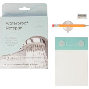 Halsa Waterproof Shower Notepad with Pencil, Sharpener & Suction Cups – 40 Sheets for Waterproof Writing – Capture Ideas in the Shower – Ideal for Bathroom, Office, or Travel