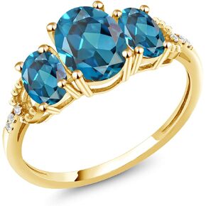 Gem Stone King 10K Yellow Gold London Blue Topaz and Diamond Accent Engagement Ring | 2.70 Cttw | 3 Stone Wedding Anniversary Promise Ring For Women | Available In Size 5, 6, 7, 8, 9