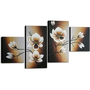 100% Hand-painted Wood Framed Abstract Floral Oil Painting on Canvas Warm Day Yellow Flowers Bloom Ready to Hang for Living Room Bedroom Home Decorations 4pcs/set