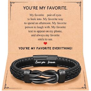 UNGENT THEM Mens Leather Stainless Steel Infinity Knot Bracelets, You Are My Favorite Everything Anniversary Birthday Valentines Day Gifts for Husband Boyfriend Men