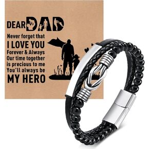 Knot Leather Bracelet Mens Gifts-Braided Leather Black Agate Bead Infinity Forever Linked Together Bracelet, Father's Day Anniversary Birthday Graduation Gifts for Son Dad Husband Boyfriend Brother