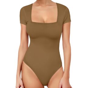 YOGINGO Womens Square Neck Bodysuit Short Sleeve Bodysuits For Women Sexy Going Out Thong Body Suit Tops T-Shirts