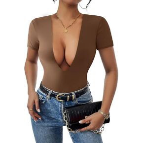 Kentysill Women's Deep V-Neck Bodysuit Short Sleeve Sexy T-shirt Tops Body Suits for Women Going Out.
