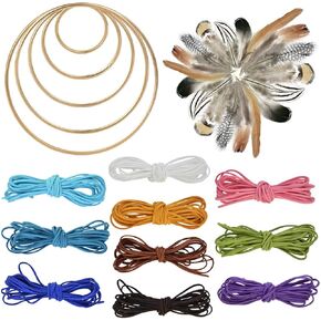 Nydotd 125Pcs Dream Catcher Making Kit, 15 Pcs Metal Rings Hoops Macrame Ring in 5 Size Gold, 100pcs 6 Styled Feathers, 10 Pcs 3 mm Faux Suede Cord for Dream Catcher Crafts Birthday Party