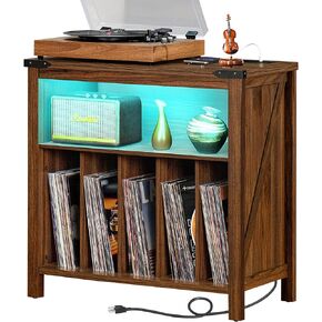 Joaxswe Large Record Player Table with Charging Station & LED Lights, Blue Vinyl Record Storage Cabinet Holds up to 230 Albums, Turntable Stand with Display Shelf for Music Room Bedroom Living Room