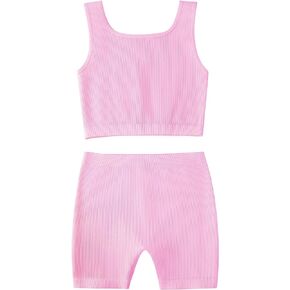 EXARUS Girl's 2 Piece Outfits Workout Set Seamless Ribbed Cropped Tank Tops and Athletic Shorts Summer Kids 6-14Y