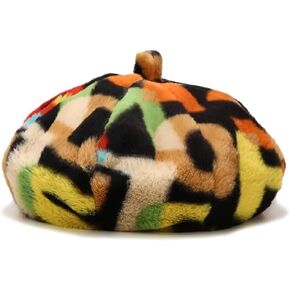 Newfancy Women Colorful Letter Print Faux Fur Beret Hats Artist Painter Hats Fuzzy Fluffy Warm French Winter Beanie Cap