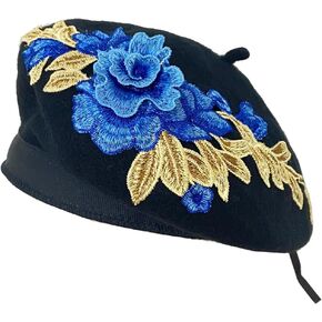 Women Classic French Beret Lady Vintage Rose Embroidery Floral Wool Winter Hat Beanie Cap