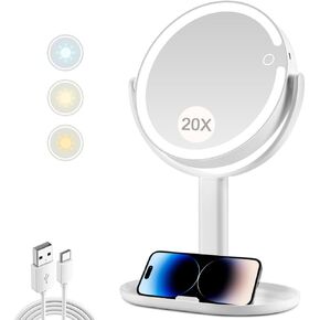 MIYADIVA Makeup Mirror with Lights,20X Magnifying Mirror with Light and Touch Switch,Vanity Mirror with 3 Color Light and 80 LEDs,2-Sided Lighted Magnified Mirror 8.8 Inches