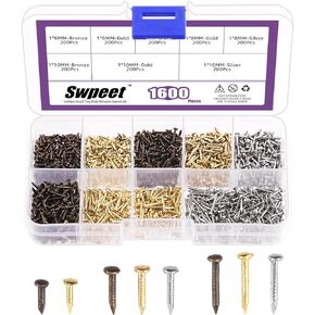 Swpeet 1600Pcs 3 Colors 6mm 8mm 10mm Small Hardware Tiny Nails Wooden Screws Assortment Kit, Tiny Wooden Nails Mini Nails Gold Silver Bronze Common Nails Boxed for DIY Decorative